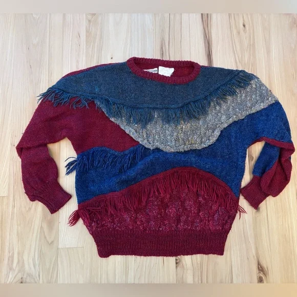 Unique vintage 90s multi-coloured sweater with fringe detail sz Womens Large - Picture 4 of 11